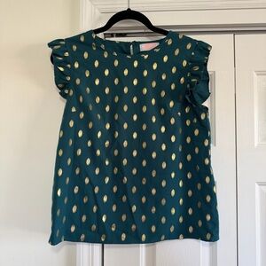 C+D+M Green Gold Ruffle Sleeve Blouse Holiday Party Size Medium